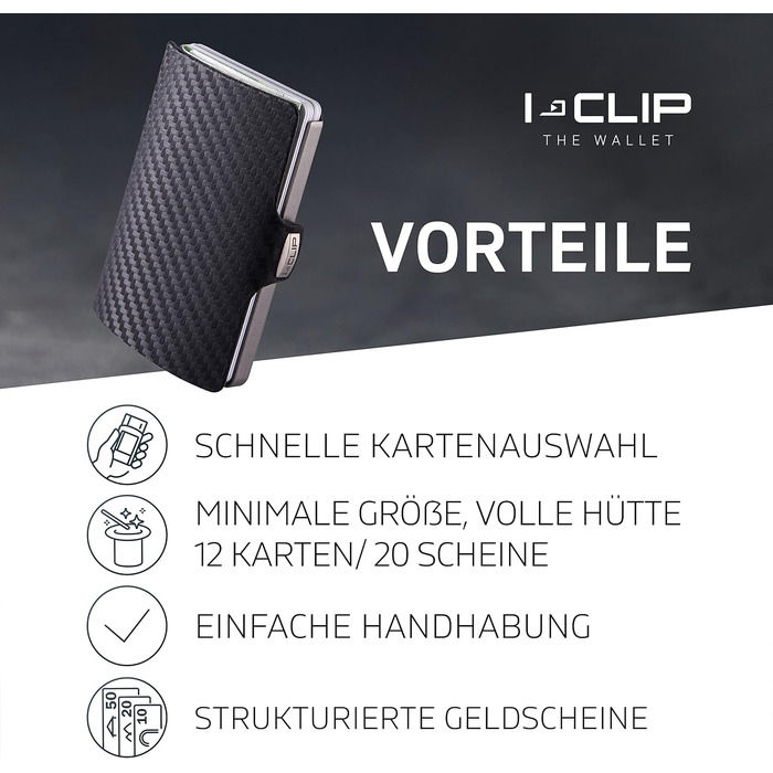 Оригінальний міні-портмоне I-CLIP з кліпсою для грошей - тонкий гаманець з ефектом карбону та чорною рамою (срібна рама)