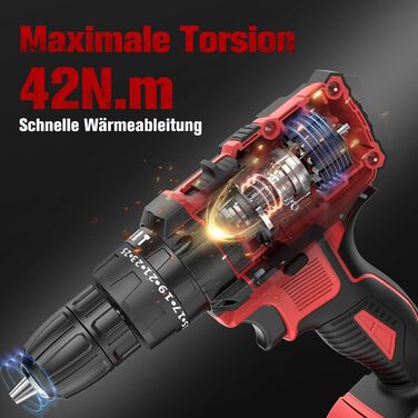 Акумуляторний дриль-шуруповерт BETENST 21V з 2 акумуляторами 2.0Ah, 42Nm, 25+3 ступені крутного моменту, 2 швидкості, LED-підсвічування, 30-ти елементний набір для дому, саду та DIY проектів