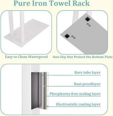Підставка для рушників Yawinhe Freistehend, підставка для рушників стояча з нержавіючої сталі, 2 стійки, полиця для одягу у ванну кімнату, білий, 40x20x80 см, SMJ003W