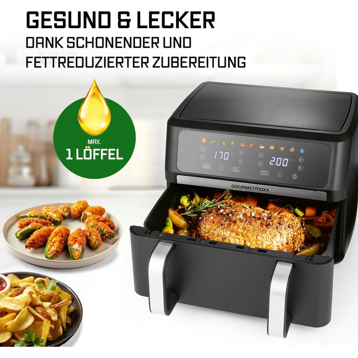 Фритюрниця готувальна повітрям Gourmetmaxx AirGenius 9 л (2 x 4,5 л) з 8 програмами | 2 камери для одночасного приготування | Сенсорний дисплей, для 8 осіб