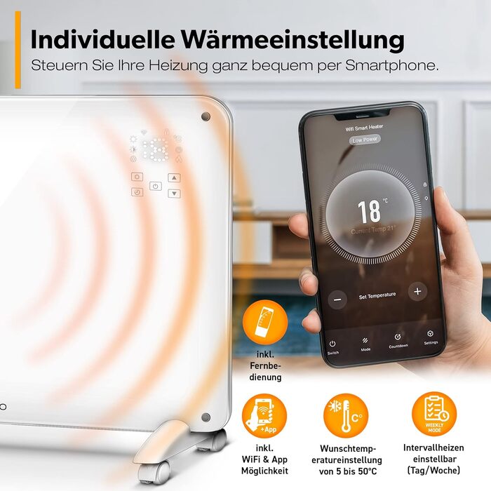 Електричний скляний конвектор TRESKO 2000 Вт з Wi-Fi, сенсорним та LCD-дисплеєм, дистанційним керуванням, настінний або підлоговий, білий