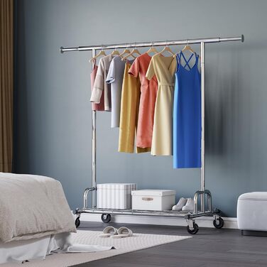 HOKEEPER Clothes Rack with Shelves, 450 kg Capacity, Rolling Clothes Rack, Portable Clothes Rack for Hanging, Chrome