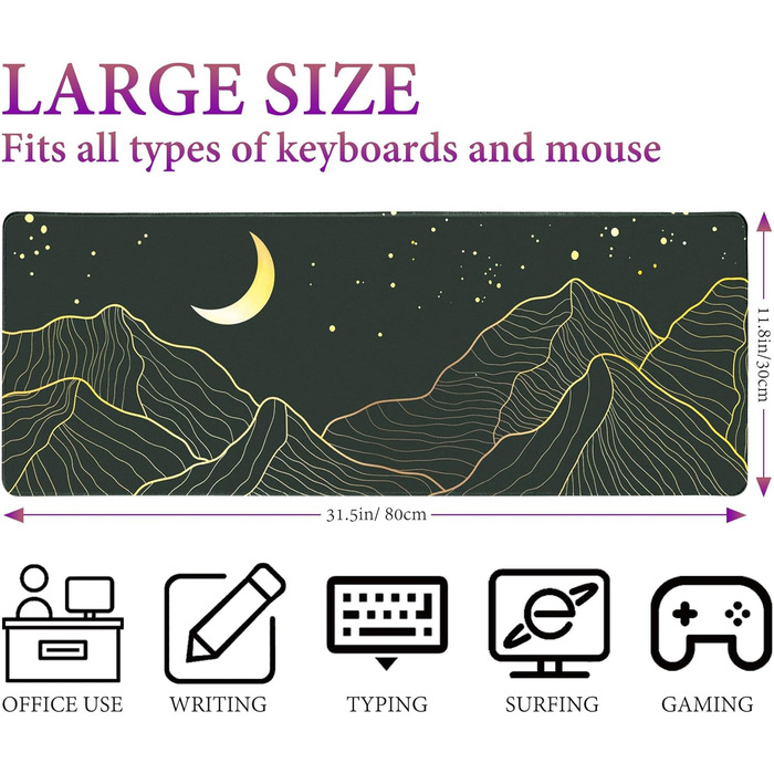 HAUTOCO Килимок для миші ігровий XXL 800x300 мм, чорний, з абстрактним дизайном (Гора та Місяць)
