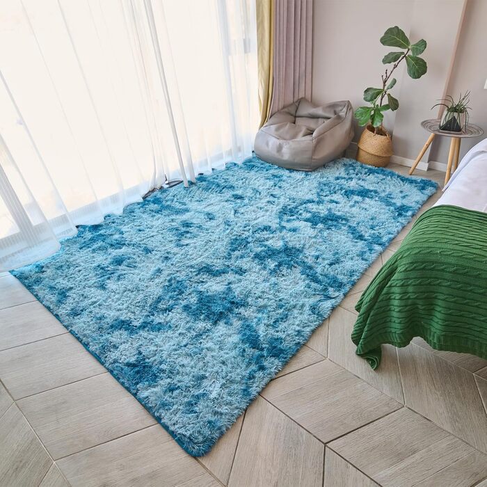 QUINZI М'який килим 160x230 см, високий ворс, сучасний, пухнастий, для спальні, вітальні, дитячої кімнати, з бахромою, нековзний, блакитний