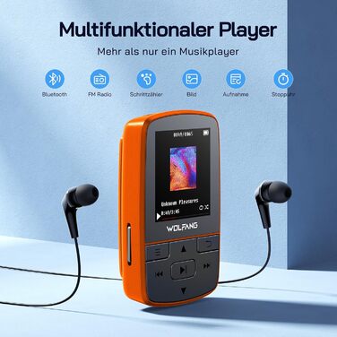 MP3-плеєр WOLFANG 64GB Bluetooth 5.2, помаранчевий: Спорт-кліпса, Hi-Fi радіо, диктофон, навушники в комплекті