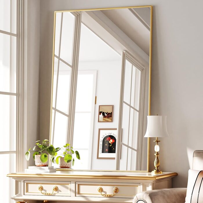 Дзеркало настінне прямокутне BEAUTYPEAK 81x61 см з металевим каркасом, безпечне для ванної кімнати, спальні, вітальні (Золотий)