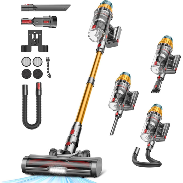 Акумуляторний пилосос SICBCGB 48000Pa/550W/70 хвилин, 2.0L з HD-дисплеєм, антизаплутана щітка, док-станція, самостійна підставка, 11-шарова фільтрація для шерсті тварин та авто, золотий колір