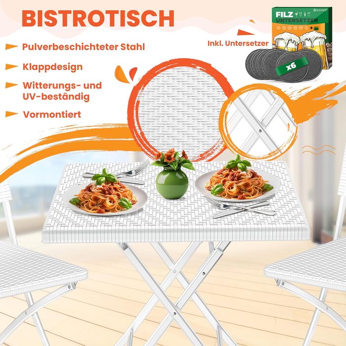 КЕССЕР® Балконний столик розкладний | Стійкий до погодних умов/УФ-стійкий | Балконні меблі з покриттям зі сталі та ротангу | Садовий стіл для вулиці | Меблі для саду з 6 фетровими підставками | Бістро-стіл витримує до 100 кг | Ротанг, білий