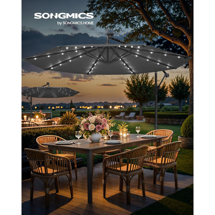SONGMICS Patio Umbrella with LED Solar Lighting, Market Umbrella 300 cm Diameter, 32 LED Lights, with Stand, Sun Protection Balcony, Balcony Umbrella, UPF 50+, with Crank, for Terrace, Garden, Grey GPU118G01