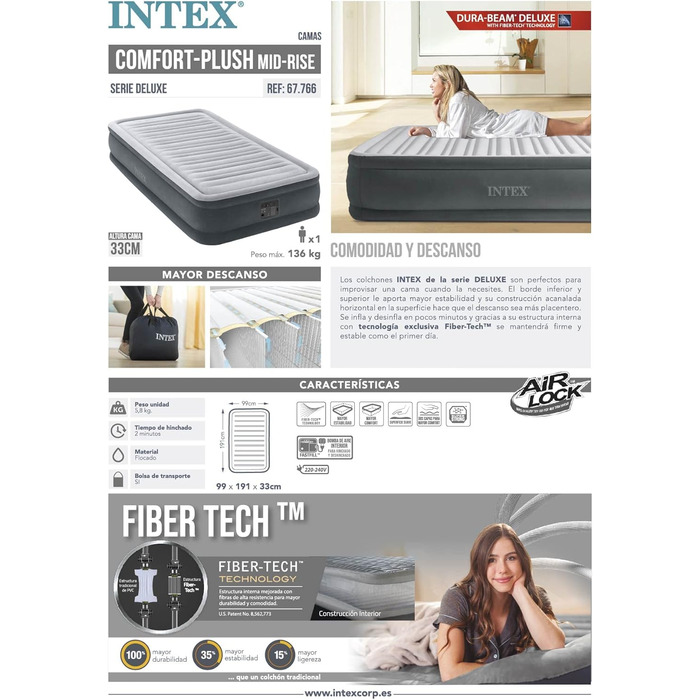 Надувний матрац Intex 67766 Dura-Beam Comfort Plush, односпальний, з вбудованим електронасосом, PVC, 99x191x33 см, багатокольоровий