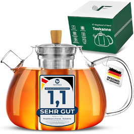 Neighbour's Friend® 1.5 L Glass Teapot for Loose Leaf Tea & Tea Bags - Teapot with Infuser Insert, Large, Drip-Free - 3-Piece Stainless Steel Infuser with Bamboo Lid Handle - Dishwasher-Safe Glass Teapot