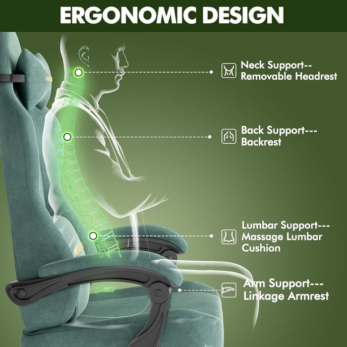 Геймерське крісло Ferghana Ergonomisch LW220: зручне крісло для комп'ютера з підголівником, підтримкою спини, підлокітниками та підставкою для ніг (зелений)