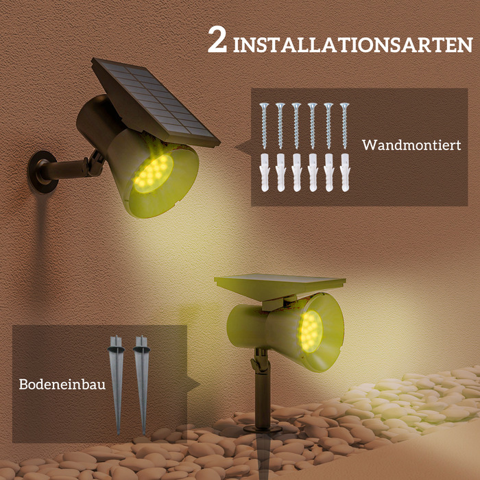 Outsunny Solar Lights Garden Lights with 2 Light Colors, IP54 Waterproof for Ground and Wall Mounting, Ideal for Balcony and Patio, Black