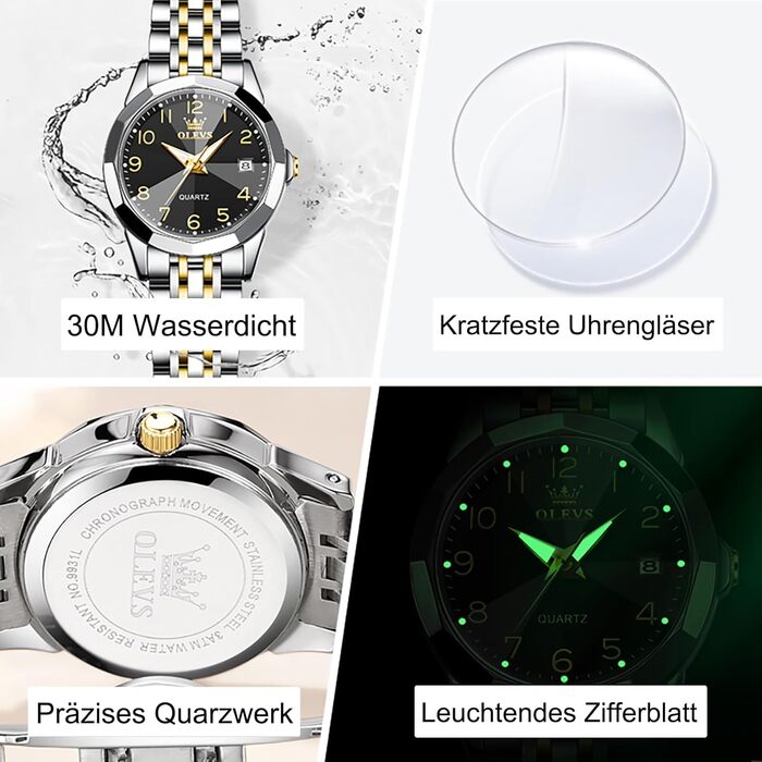 Годинник жіночий OLEVS з нержавіючої сталі, кварцовий, з датою, водонепроникний, чорний циферблат, двоколірний браслет