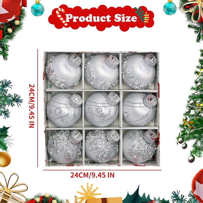 9 шт. Скляні ялинкові кулі срібного кольору з блискітками для прикраси ялинки