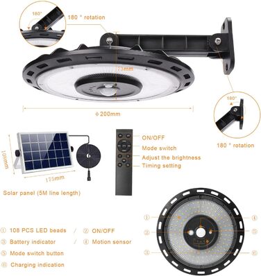 Solar Lamps for Indoor/Outdoor Use, 1200LM 108LED 5M Cable Solar Hanging Lights with Remote Control, Solar Hanging Lamp with Motion Sensor, 5 Modes, IP65 Solar Lights for Carport, Pavilion, Chicken Coop, Camping