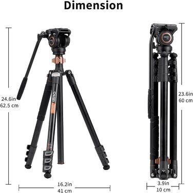 Штатив відео Cayer FP2450 з плинною головкою, 75 дюймів, алюміній, 4 секції, компактний, перетворюється на монопод, для DSLR, до 6 кг