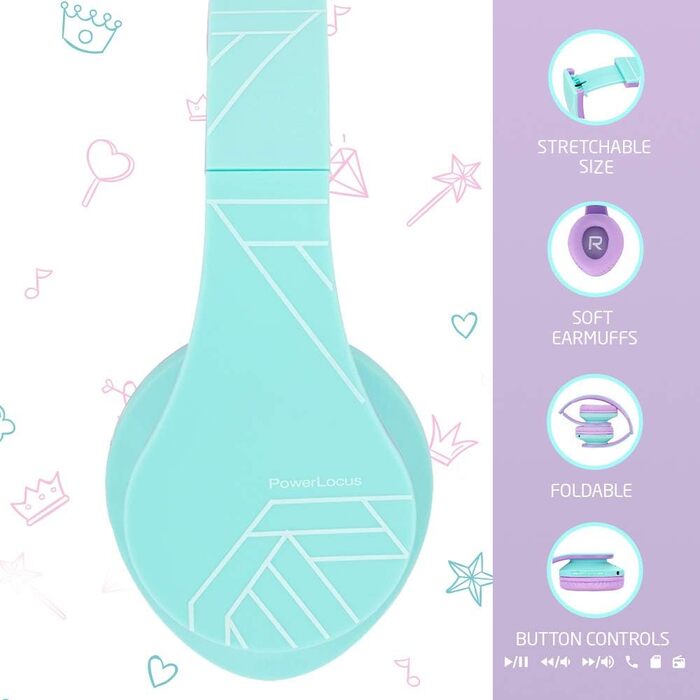 Дитячі навушники PowerLocus Bluetooth з обмеженням гучності 85dB, складні, з чохлом, Over-Ear, бездротові та провідні з мікрофоном, Micro-SD для телефону, ПК, планшета, зелені