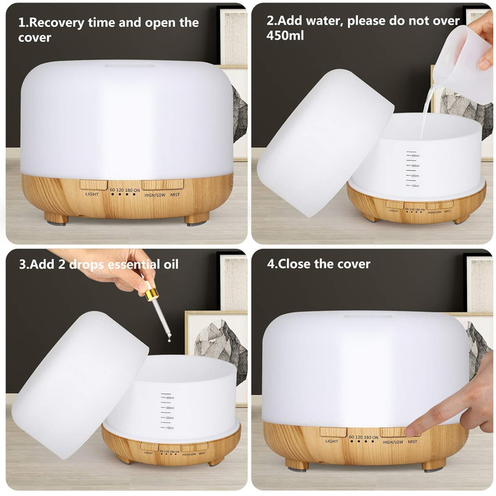 Аромадифузор Hianjoo Aroma 450 мл з таймером, ультразвуковий, 7 кольорів LED, з пультом ДУ, для спа/офісу/йоги, дерев'яний