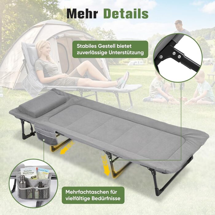 Ліжко туристичне розкладне Sekey XXL 190x71x35 см, сіре з подушкою - для кемпінгу, риболовлі, міцний сталевий каркас, Oxford тканина