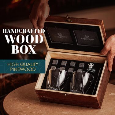Набір віскі Royal Reserve: келихи, кубики для охолодження, щипці для льоду, підставки, дерев'яна коробка, оксамитові мішечки, картки з історією та рецептами, аксесуари, подарунок для чоловіків, чоловіка, друга. Келихи з викручуваною основою, гранітні підс