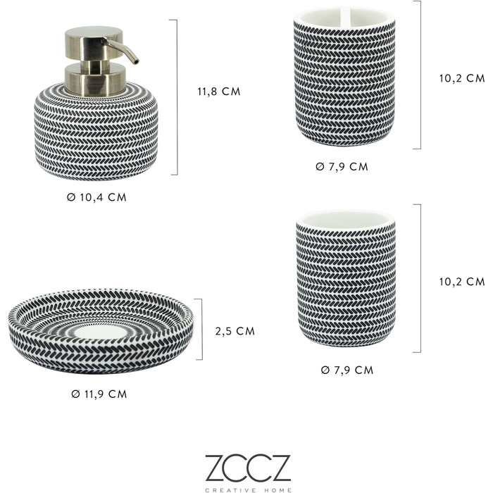 ZCCZ Bathroom Set – 4-Piece Organizer Set with Toothbrush Holder, Soap Dispenser, Cosmetic Bowl, and Cotton Swab Holder – Elegant Stone-Look Decoration, for Modern Bathrooms (Black/White)