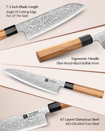 Японський ніж XINZUO Damaststahl Kiritsuke 21.5 см з нержавіючої сталі Дамаск, ніж шеф-кухаря Gyuto з ручкою з оливкового дерева та чорного рогу буйвола, з піхвою (набір з 5 ножів)