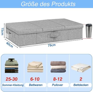 JUPELI 2 Pack Foldable Storage Boxes, 15cm High Flat Under Bed Drawer Organizer, Stable with Lid and Handle, Fabric Under Bed Storage, Under Bed Box for Blankets, Clothes, Quilts, Toys, Shoes