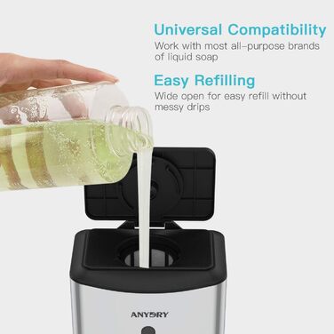anydry AD1206 Commercial Wall Mount Automatic Liquid Soap Dispenser, Stainless Steel Finish, 1100ml Large Capacity (Polished Stainless Steel)