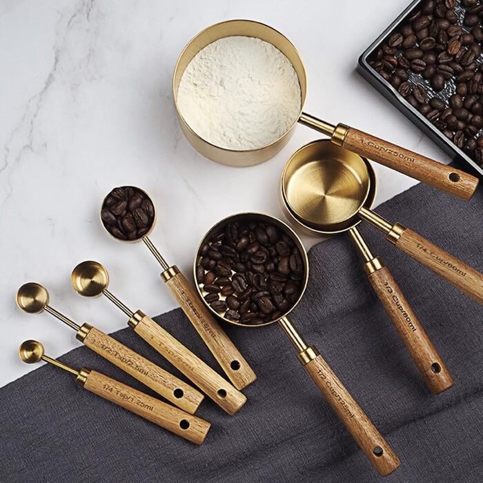 8-Piece Stainless Steel Baking Tool Set, Measuring Cups, Measuring Spoons, Wooden Handle, Kitchen Utensils for Coffee Powder