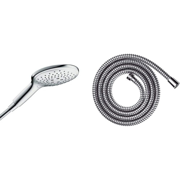Hansgrohe Raindance Select S - Showerhead, Hand Shower with 3 Spray Patterns, Shower Head, Showerhead with Anti-Limescale Function, White/Chrome, 26530400 (Chrome, 3 Spray Patterns with Water-Saving Function, Bundle with Shower Hose)