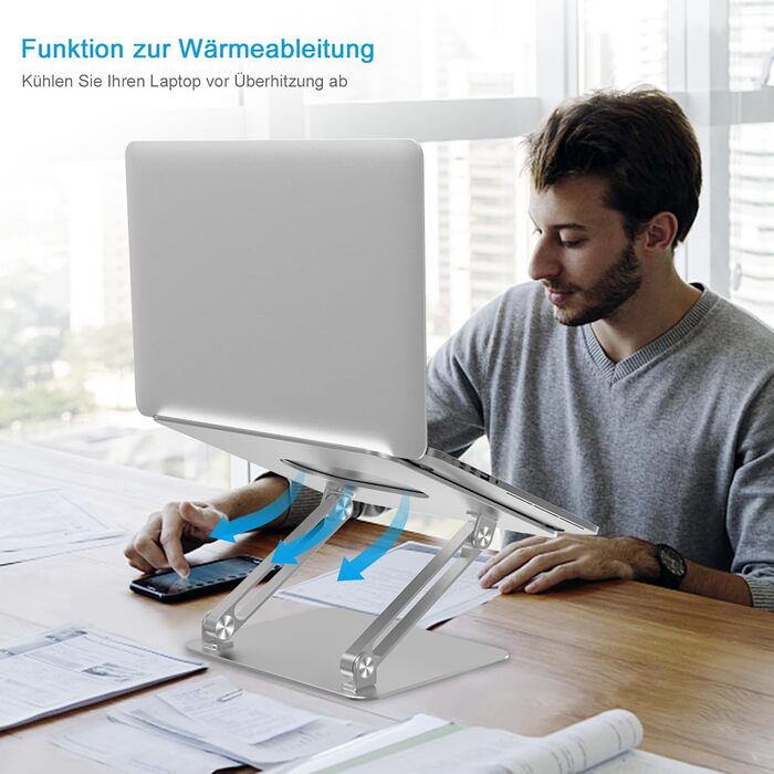 Adjustable Aluminum Laptop Stand - Ventilated Laptop Holder for 10-17 Inch Laptops, MacBooks, Dell, HP, Samsung, Acer - Silver