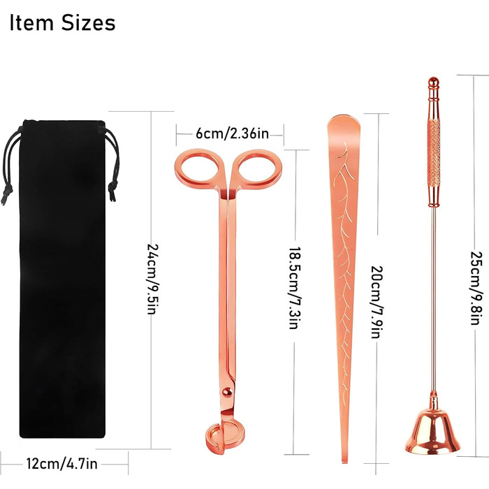 KOAKOMI Candle Accessory Set, Wick Trimmer, Candle Snuffer, and Wick Dipper for Candles, Aromatherapy Lovers, Gift, Stainless Steel Candle Care Set (Rose Gold, 4 Pieces with Lighter)