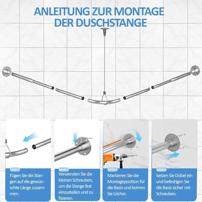 Регульована штанга для душу L-подібної форми, 60-134 см, з кріпленням для штори та підставкою для стелі, для ванни/ванної кімнати, срібна