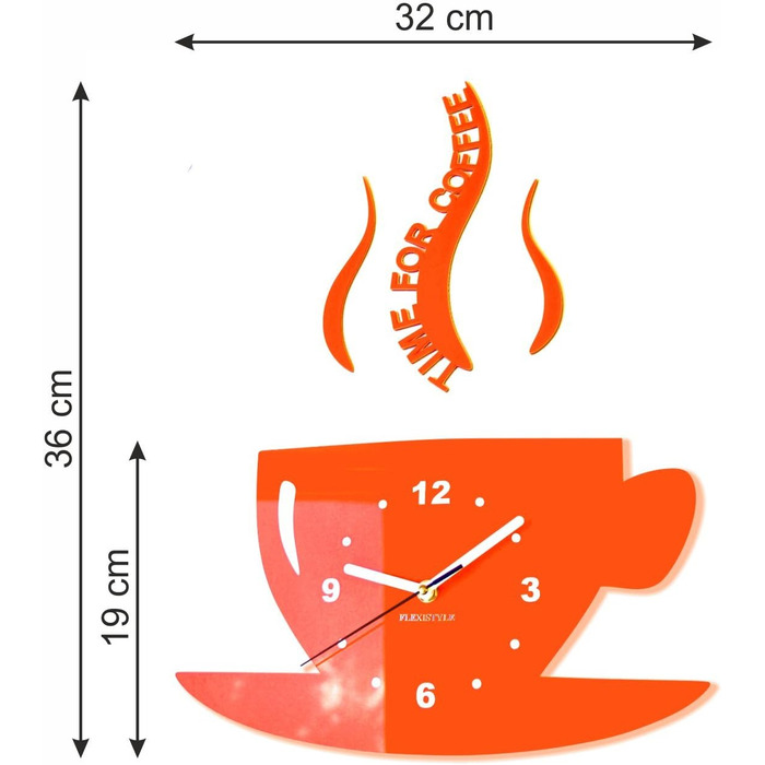 FLEXISTYLE Coffee Time Mug Wall Clock for Modern Kitchen, 3D Roman Numerals, Wall Clock Decoration, 32 x 19 cm (32 x 19 cm, Orange)