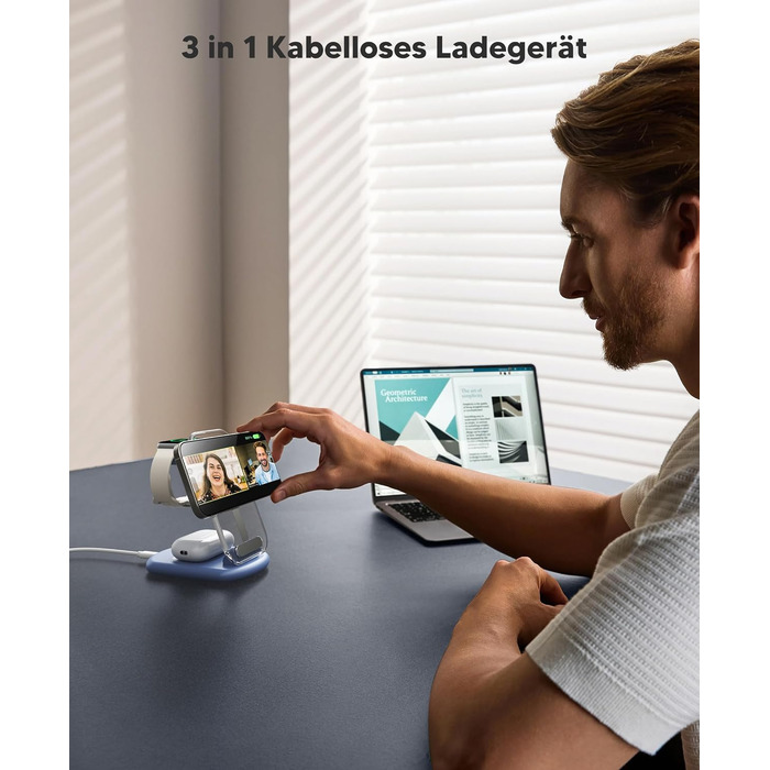 Підставка для зарядки MagSafe 3-в-1 для iPhone 17/16/15/14/13/12 Pro Max/Air/Plus/Pro та Apple Watch 10/9, AirPods 3/2/Pro (блакитна)