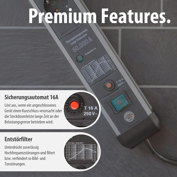 Бренненштуль Premium-Protect-Line Розподільник розеток 6-фазний з захистом від перенапруги 60 000 A (з вимикачем та 3м кабелем, Made in Germany) Срібний/чорний, Нова версія Single
