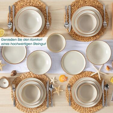 Набір посуду на 6 осіб Vancasso RENO 24 шт. з каменю, сучасний сервіз: тарілки для їжі, супу, десерту, миски. Підходить для миття в посудомийній машині та для використання в мікрохвильовій печі (Бежевий)