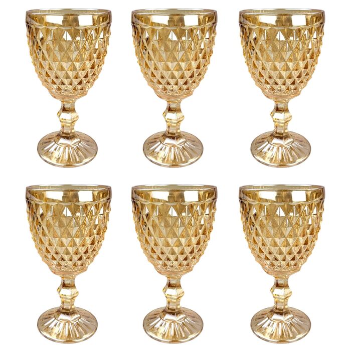 Набір з 6 вінтажних кольорових келихів для вина та напоїв з діамантовим візерунком (Netz Gold-Glanz), келихи Long Drink, коктейльні келихи з тисненням, склянка, келих для вина, склянка для води, склянки-кубки позолочені блискучі