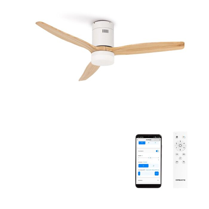 Вентилятор стельовий WINDCALM Natural Wood з підсвіткою, білий, дерев'яні лопаті, WiFi, пульт, 132 см, 6 швидкостей
