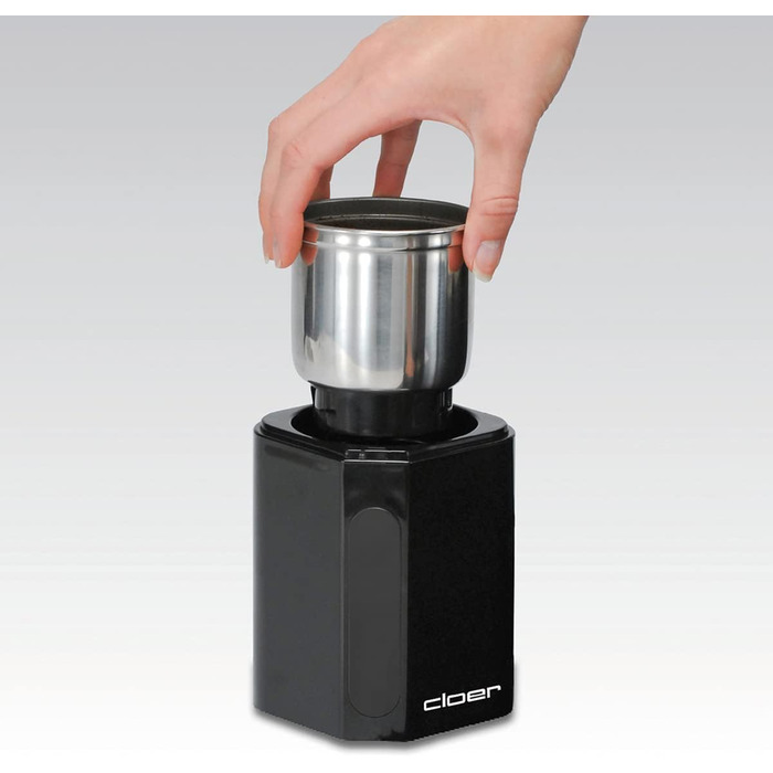 Cloer 7580 Electric Coffee and Spice Grinder, 200 W, for Pesto, Nuts and Grains, up to 70 g Coffee Beans, Removable Stainless Steel Container, Black
