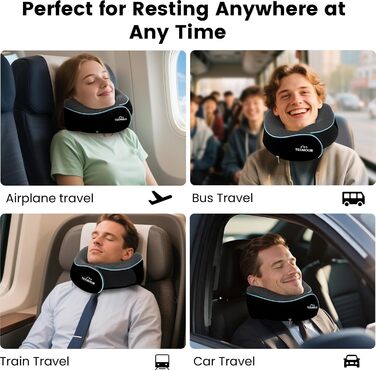 Подушка для шиї у літак з Memory Foam, 360° підтримка, з чохлом, маскою для очей та берушами, регульована подушка для подорожей (Чорний)