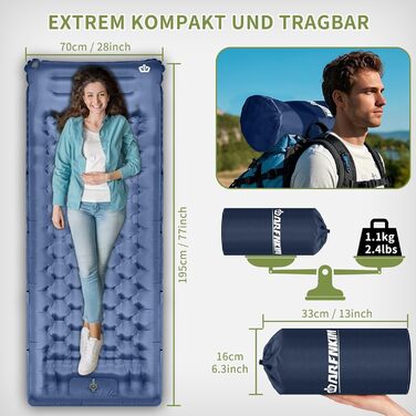 ARFNKIM Self-Inflating Camping Mat - 12cm Thick Sleeping Pad with Foot Pump & Pillow - Lightweight, Compact, Waterproof Sleeping Mat for Outdoor Use (Green/Blue)