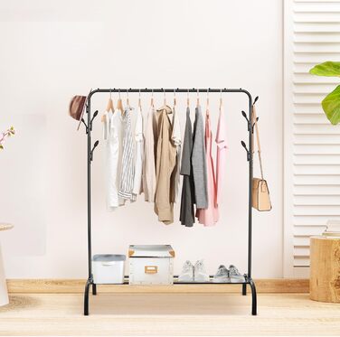 Стійка для одягу на підлозі, чорна, з полицею для взуття та нижньою полицею, металева, для спальні
