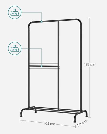 SONGMICS Clothes Rack, Clothes Rod, Holds up to 100 kg, with Adjustable Rod, for Bedroom, Living Room, Hallway, Black HSR103B01