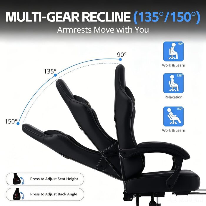 Ігрове крісло Ergonomic Gaming Chair з підніжкою, подушками під шию та поперек, 2D-підлокітниками, регулюванням висоти та поворотом на 360°, чорне
