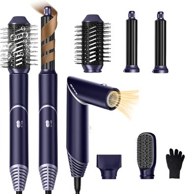 UKLISS 6-в-1 Аirstyler: Фен-щітка, Дифузор, Локон-щітка, Горячий повітря, Іонізація 60,000 U/min, Золотий (Синій)
