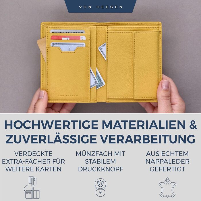 VON HEESEN Leather Wallet RFID Protection | Genuine Leather Wallet for Women & Men | Portemonnaie, Brieftasche, Wallet, Portmonee (Yellow)