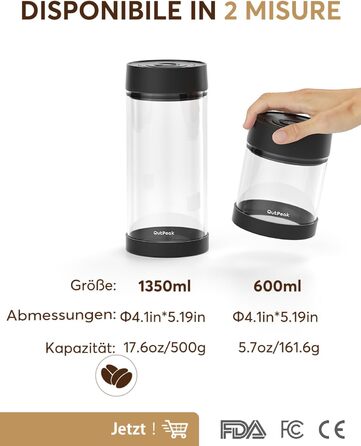 OUTPEAK 2025 Kilo Auto Вакуумна кавова банка 1,8L для 601.0 г кавових зерен, автоматичне управління, нержавіюча сталь, з ложкою, 6-місячний запас свіжості (Barista Champion's Choice) (G1350)