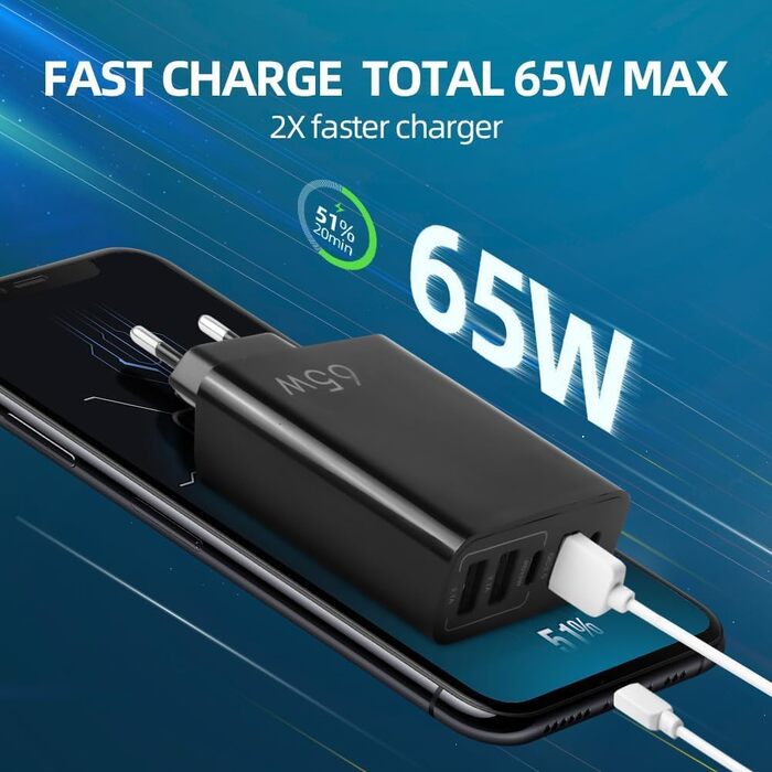 Мережевий адаптер AXFEE 65W 5-портовий з USB-C та USB-A, швидка зарядка PD 3.0, чорний
